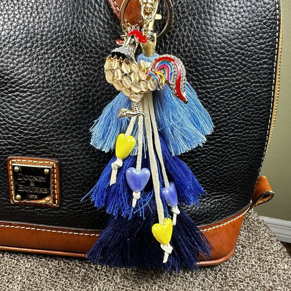 Bag Charm Keychain Rooster Chicken Bling Toered Tassel Boho Ceramic hearts